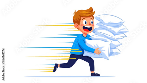 Boy With Pillows Running Fast For Hotel or Bedding Store Promotion