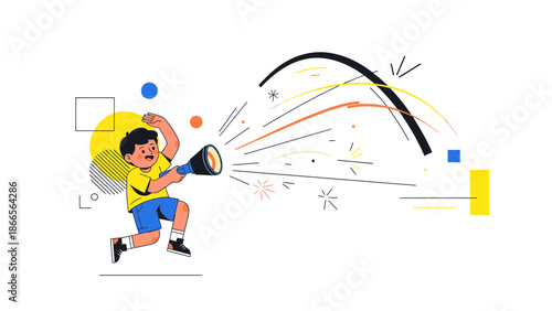 Boy With Telescope Discovering New Ideas And Potential In Modern Flat Design