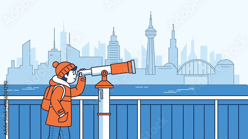 Boy With Telescope Observing The Cityscape In Flat Style Colorful Vector Design