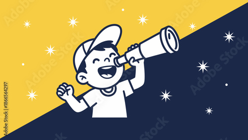 Boy With Telescope Observing Stars Achieving New Horizons Exploration Concept
