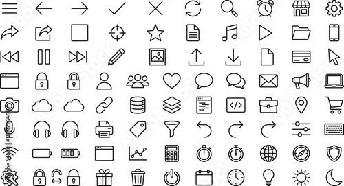 Universal user interface line icon mega set featuring navigation media communication business controls system symbols isolated vector collection