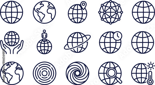 World globe and planet line icon set illustrating global network navigation data connectivity geography technology concepts isolated vector collection