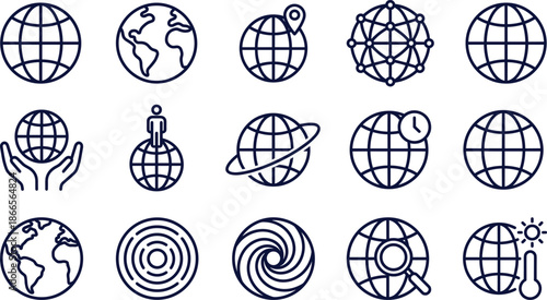 World globe and planet line icon set showing global network navigation data connectivity geography technology concepts isolated vector collection