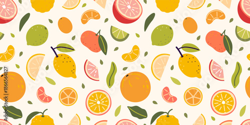 Seamless pattern with citrus fruits and slices. Orange, lemon, lime and grapefruit, bright design for summer and food packaging. Trendy vector illustration on light background, hand drawn, flat