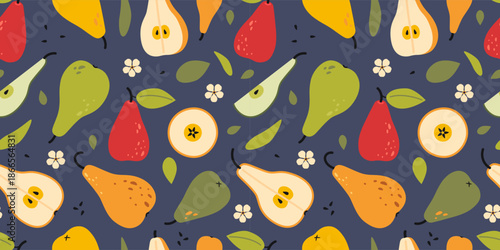 Seamless pattern with pears, pear slices and leaves. Fresh fruit design for food, kitchen and packaging themes. Trendy modern vector illustration on dark background, hand drawn, flat