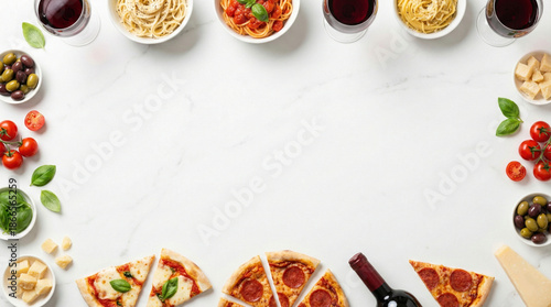 Wallpaper Mural Italian food flat lay frame with pizza and pasta on light background Torontodigital.ca