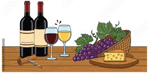 Classic Wine Tasting Still Life with Red Wine Bottles Grapes and Cheese on Wooden Table