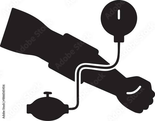 silhouette vector icon of a cuff wrapped around an arm with a simple pump on white background