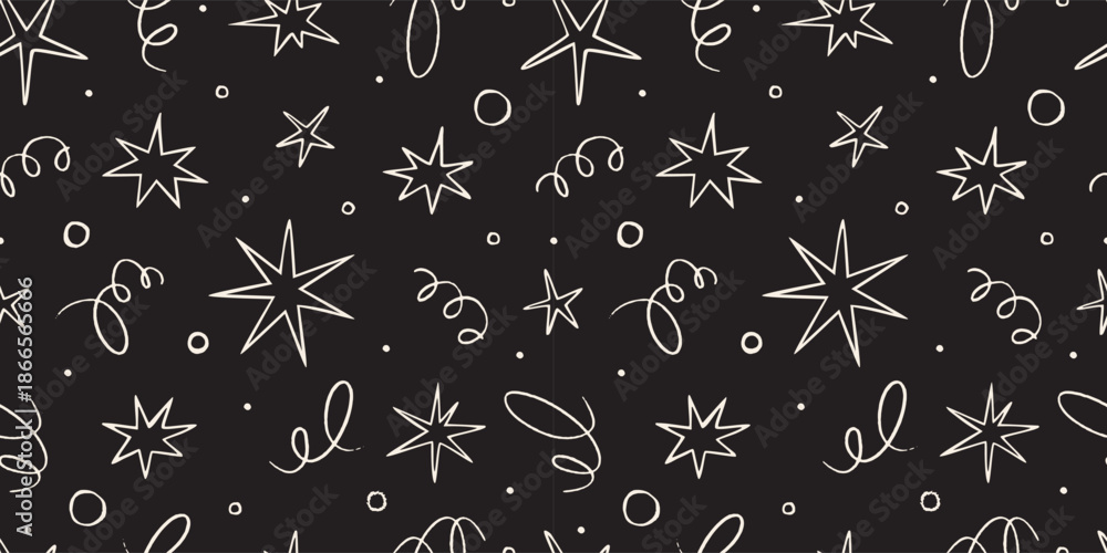 Fototapeta premium Seamless pattern with doodle stars, confetti and abstract lines. Playful hand drawn designs for celebration events. Trendy vector illustration on black background, sketch style