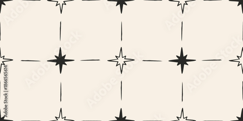 Seamless geometric pattern with black and white star shapes, abstract check or tile. Trendy vector illustration on light background, hand drawn