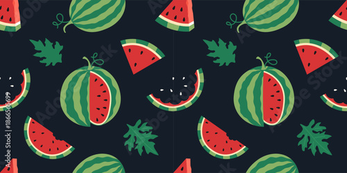 Seamless pattern with whole and sliced watermelons . Fresh summer fruit illustration for food and seasonal designs. Trendy modern vector illustration on dark background, hand drawn, flat