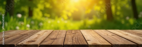 Empty wooden tabletop, out-of-focus farm scene , surface, summer, blur