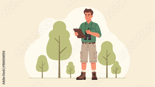 Botanist Conducting Field Work, Forest Ranger With Binoculars And Clipboard