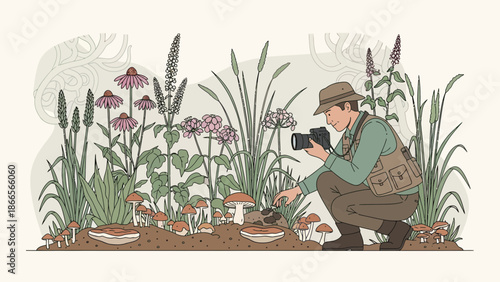 Botanist Capturing Mushroom Details with His Camera in Wild Garden Scene