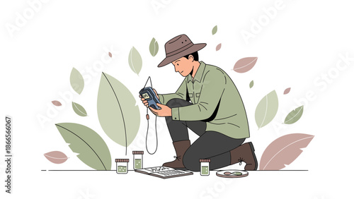 Botanist Examining Plant Samples With Portable Analyzer In Natural Setting
