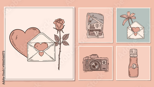 Romantic Photo Collage: Vintage Camera Rose Envelope and Heart for Valentine's Day
