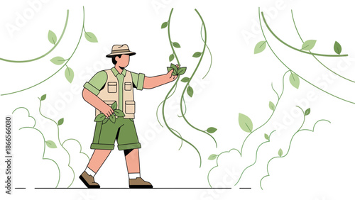 Botanist Exploring Tropical Vine Illustration Ideal For Botanical Studies And Exploration Content