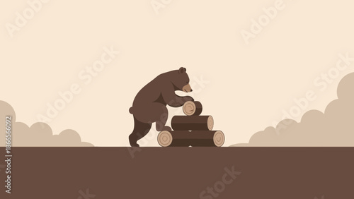 Bear Arranging Logs Against Neutral Backdrop For Winter Preparations Image