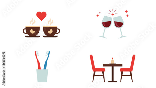 Iconic Romance: Wine Dining Coffee and Toothbrushes Depicting Love and Togetherness
