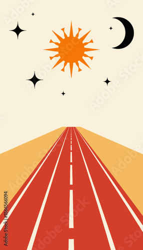 Illustrative depiction of a surreal sunset view with a dual sun and moon in the sky above a long straight road stretching into a minimalist desert landscape.