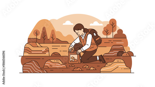 Botanist Exploring Nature During Hiking Trip Collects Samples In The Landscape