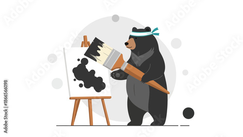 Bear Artist Creates Abstract Painting On Easel Using Brush Strokes