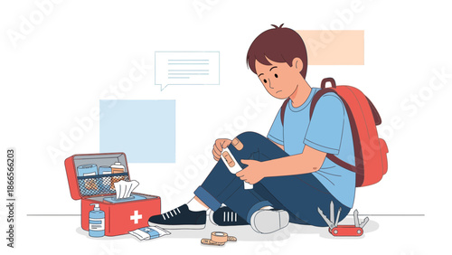 Boy Applies Bandage To His Knee After An Injury Incident Alone Outside