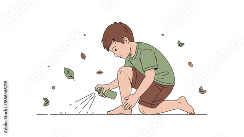Boy Applying Bug Spray On His Leg Outdoors During An Autumn Day Cartoon