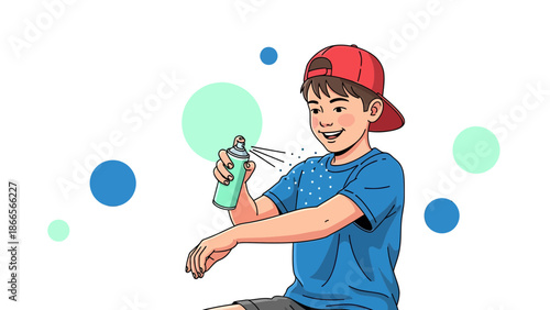 Boy Applying Sunscreen Spray for Protection Against Summer Sunlight Protection