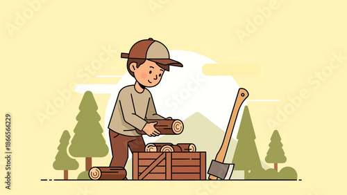 Boy Arranging Firewood In Crate With Axe In Forest Flat Vector Illustration