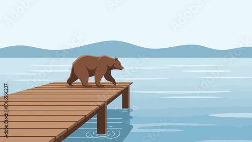 Bear On Dock In Nature Illustration With A Calm Lake Background