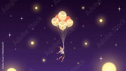 Boy Ascending Through Starry Night Sky With Illuminated Balloons Concept