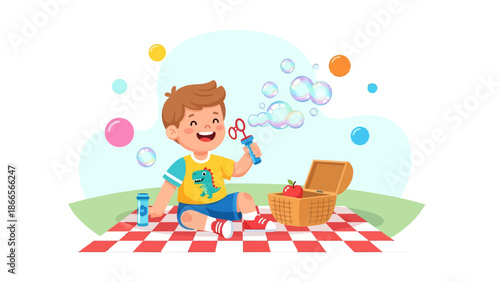 Boy Blowing Bubbles During Picnic Activity For Childrens Illustration Design