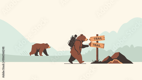Bear On Hiking Trail Decision Point With Signpost And Mountains In Background