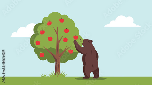 Bear Reaching For Ripe Apples In An Orchard On A Sunny Day Illustration