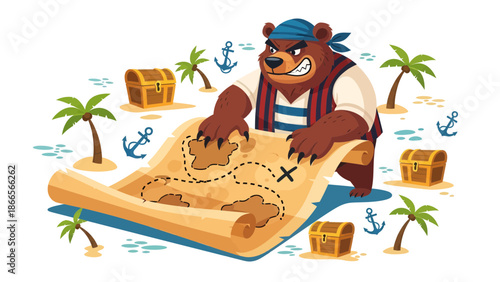 Bear Pirate Unfolding A Treasure Map On An Island With Palm Trees And Anchors