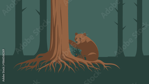 Bear Resting By A Tree In The Forest Minimalist Illustration Style