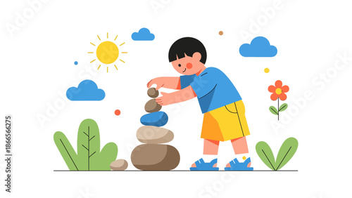 Boy Builds A Stone Tower In The Garden On A Sunny Day Flat Illustration