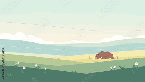 Bear Resting In A Green Field Surrounded By Wildflowers Under An Open Sky