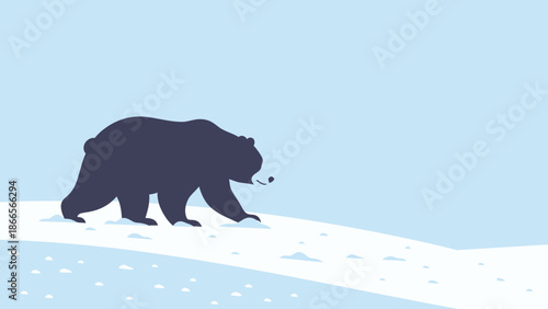 Bear Silhouette Strolling Across Snowy Hills Minimalist Arctic Landscape Depiction