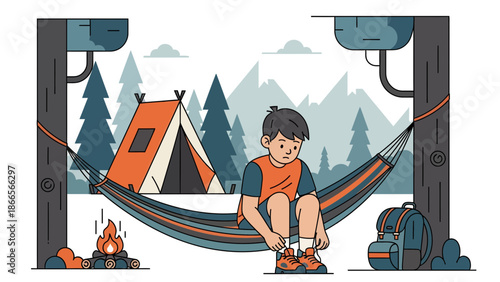 Boy Camping Alone Tying Shoelaces Near Tent Surrounded By Mountains Trees Campfire