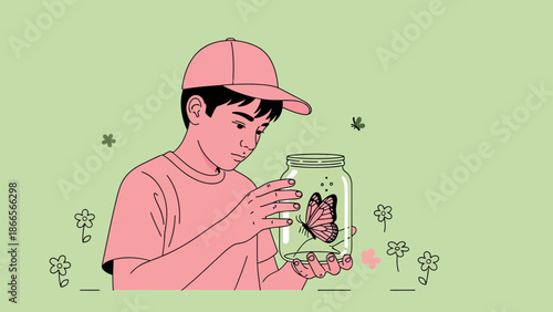 Boy Captures Butterfly in Jar Outdoors with a Gentle and Curious Gaze