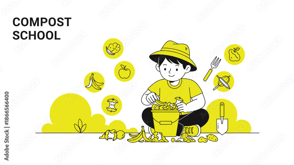Naklejka premium Boy Composting Organic Waste For Garden Learning About Recycling At School
