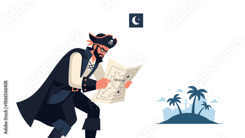 Bearded Pirate Searches For Hidden Wealth With Old Detailed Treasure Map