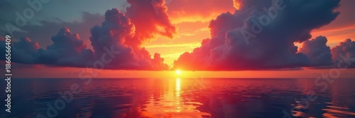 Fiery sunrise explodes across tranquil waters, illuminating cloudscape , calm, tranquil, fire