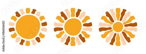Set of groovy sun silhouettes in trendy boho style isolated on white background. Sunburst, sunbeam or sunlight shapes. Positive vibes or good mood concept. Vector flat illustration.