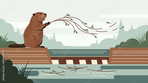 Beaver At Work Vector Illustration Building A Dam In A Nature Scene