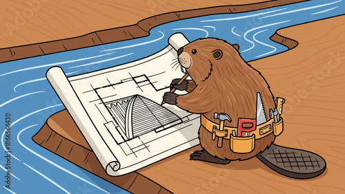 Beaver Architect Planning A New Dam With Blueprint And Construction Tools