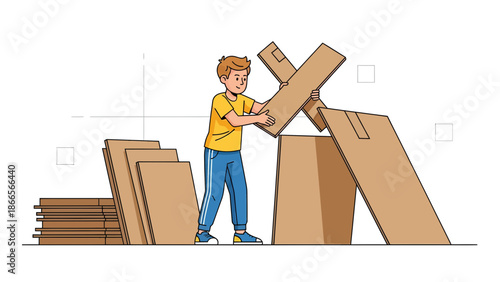 Boy Creates Cardboard Fort In Home Play Creative Architectural Construction