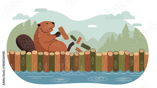 Beaver Building A Dam From Logs In River With Forest Background Cartoon